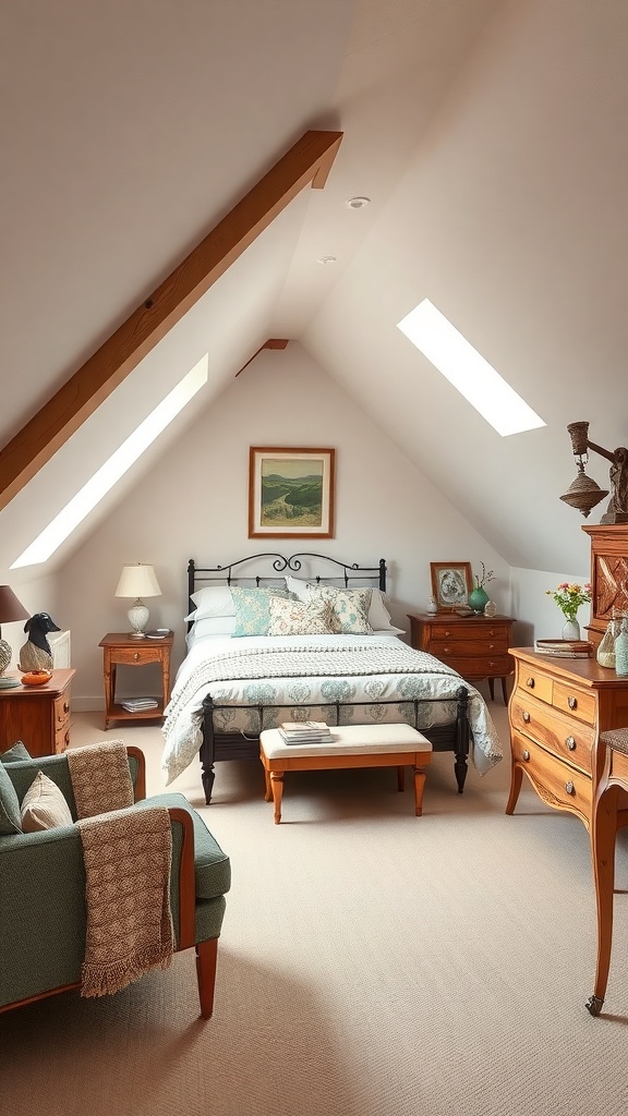 Cozy attic bedroom with angled ceilings, featuring vintage furniture and warm decor.