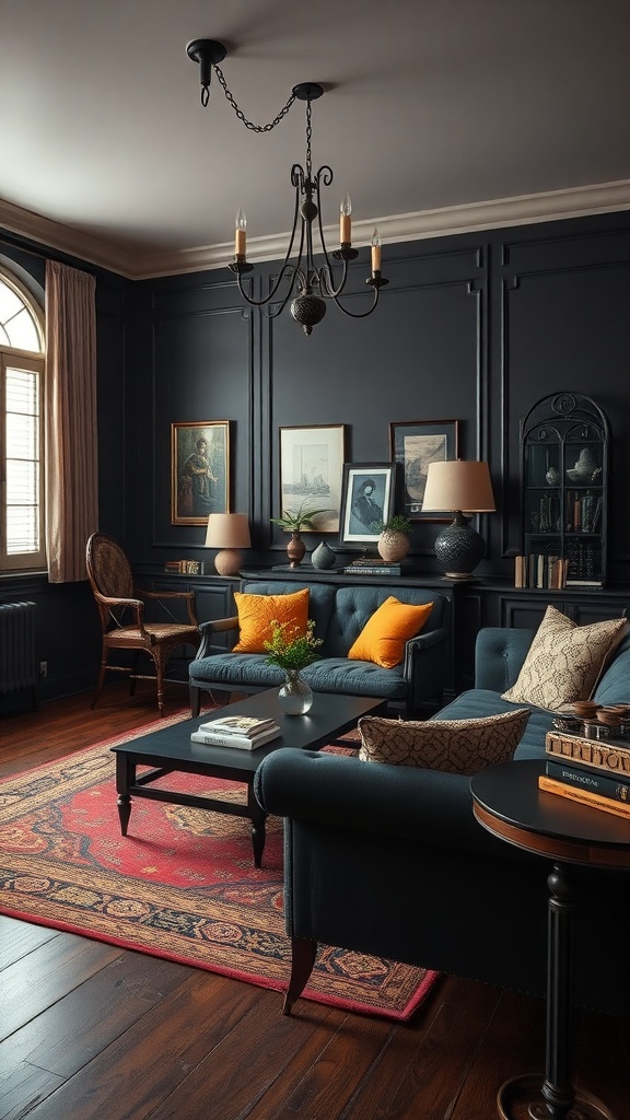 A vintage-inspired black living room featuring dark walls, classic furniture, and warm lighting.