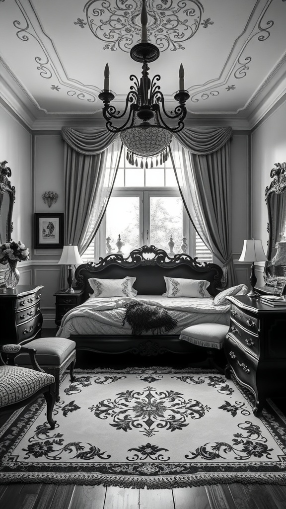 A vintage black and white bedroom featuring an ornate bed, elegant chandelier, and patterned rug.