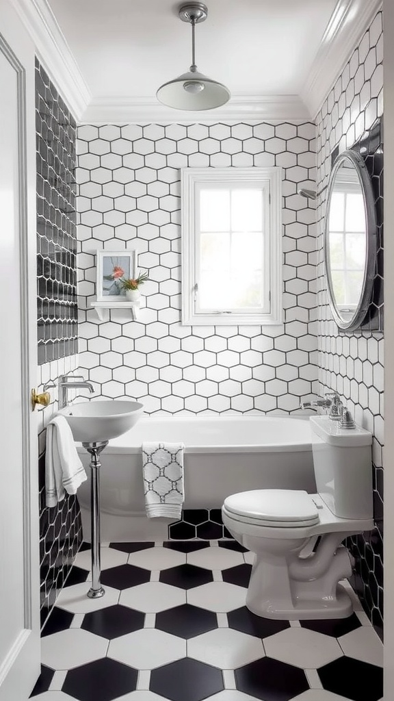 A vintage-style bathroom with black and white hexagon tile floor and walls, featuring a round mirror and floral decor.