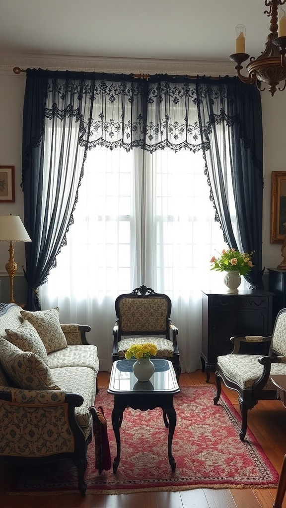 A cozy living room featuring black lace curtains, vintage furniture, and a warm atmosphere.