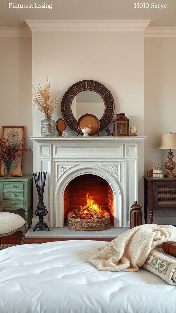 A cozy bedroom featuring a faux fireplace with logs, vintage decor, and a comfortable bed.