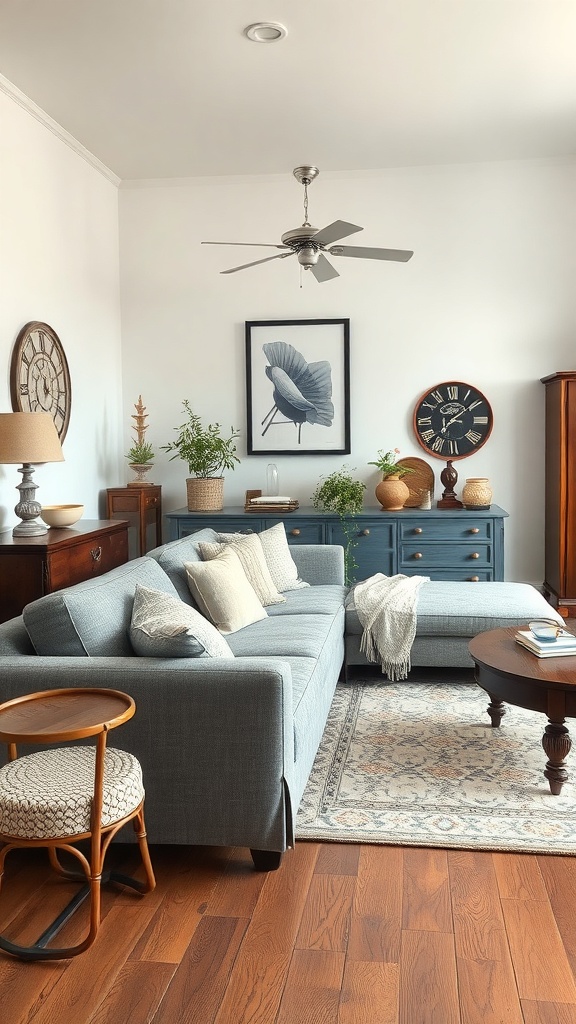 Cozy living room featuring a grey couch, vintage decor, and warm wooden elements.