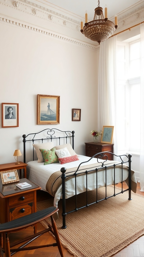A cozy bedroom featuring a black metal bed frame, antique furniture, and vintage artwork.