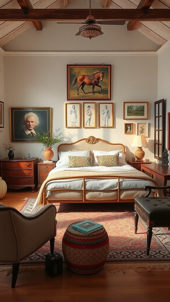 A cozy vintage-themed bedroom featuring wooden beams, artwork on the walls, and a stylish bed with decorative pillows.