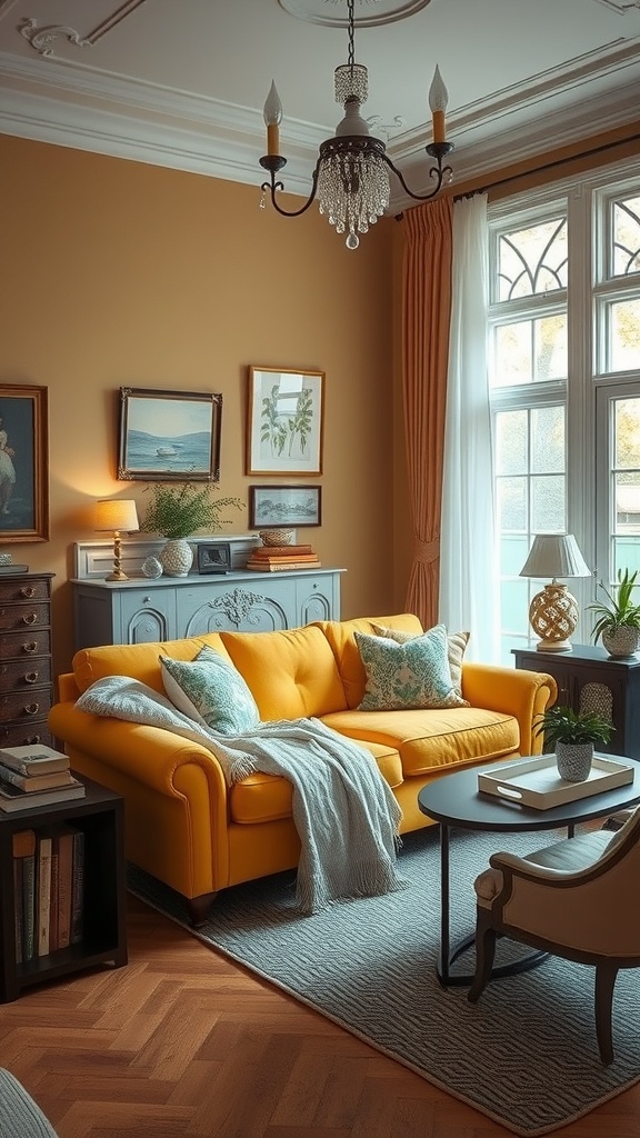 A cozy living room featuring a bright yellow couch, vintage decor, and modern touches.