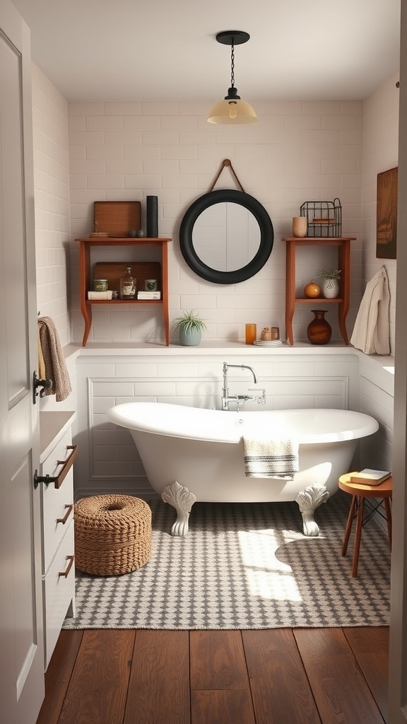 A stylish basement bathroom featuring a clawfoot tub, wooden shelves, and warm wooden flooring.