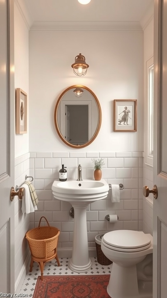 A vintage-inspired powder bathroom featuring a round mirror, white subway tiles, and a stylish light fixture.