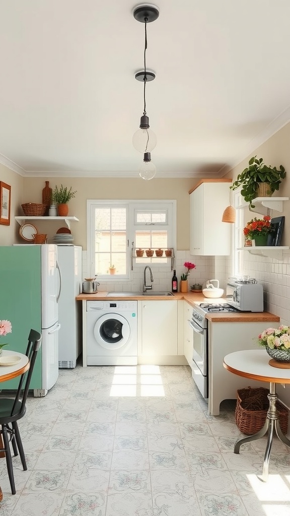A cozy kitchen with vintage charm featuring a mint green refrigerator, wooden countertop, modern appliances, and plants.