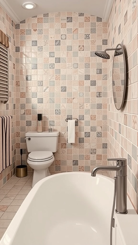 A vintage-style bathroom featuring pastel tiled walls, a freestanding tub, and retro fixtures.