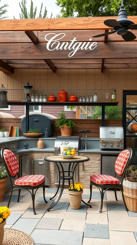 A vintage outdoor kitchen featuring a retro grill, cozy dining area with red checkered cushions, and decorative flower pots.