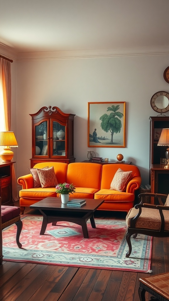 A vintage living room featuring a bright orange sofa, wooden furniture, and a colorful rug.