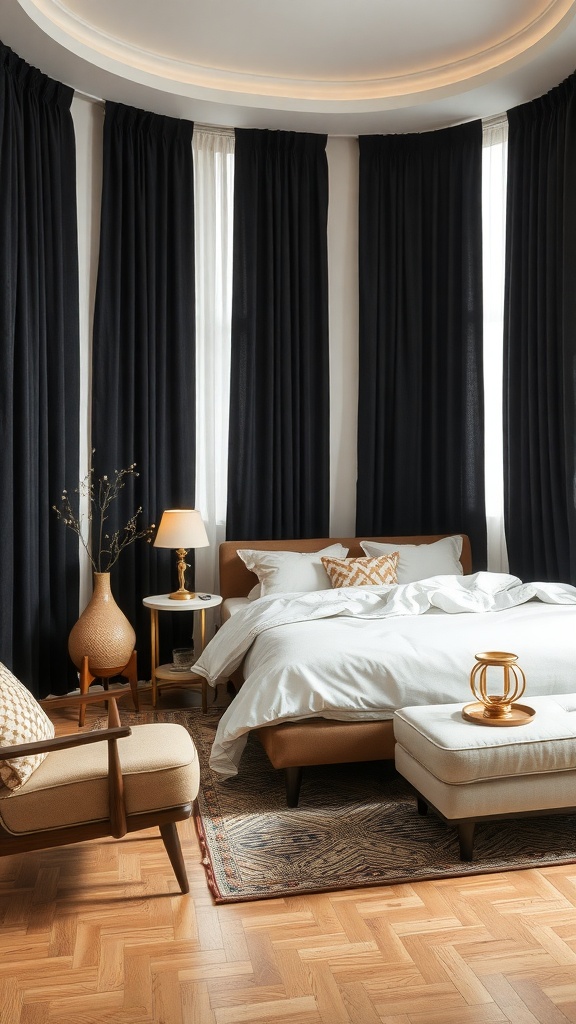 A cozy living room featuring black curtains, vintage furniture, and warm wooden accents.