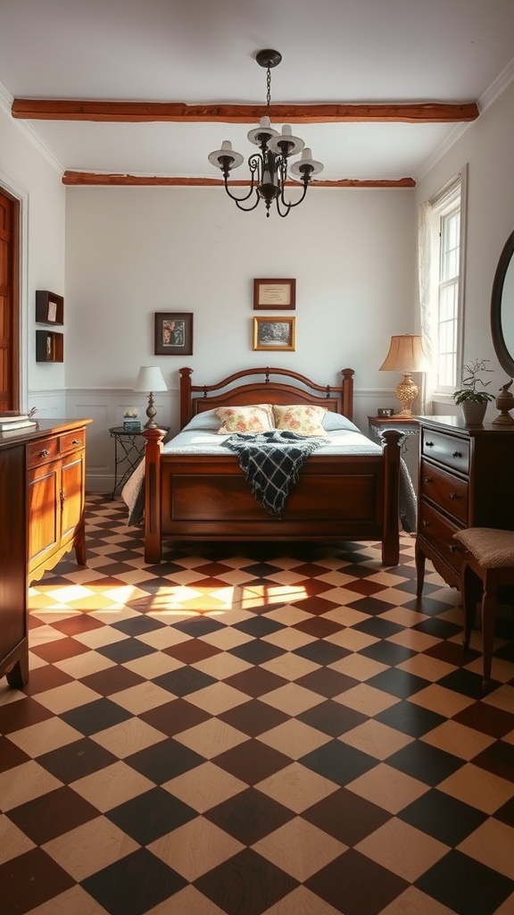 A vintage bedroom featuring checkerboard flooring with dark and light squares, wooden furniture, and soft lighting.