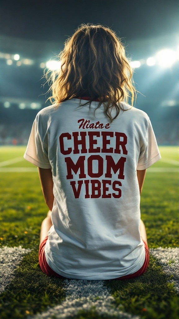 A person sitting on the grass wearing a vintage cheer mom vibes t-shirt, viewed from the back at a sports game.