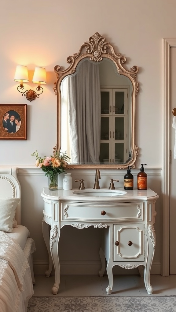 A vintage chic bathroom vanity with an antique mirror, featuring a white finish, brass faucets, and a vase of flowers.