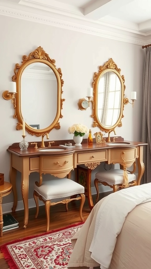 A vintage chic bathroom featuring a double vanity with ornate gold mirrors, soft lighting, and a patterned rug.
