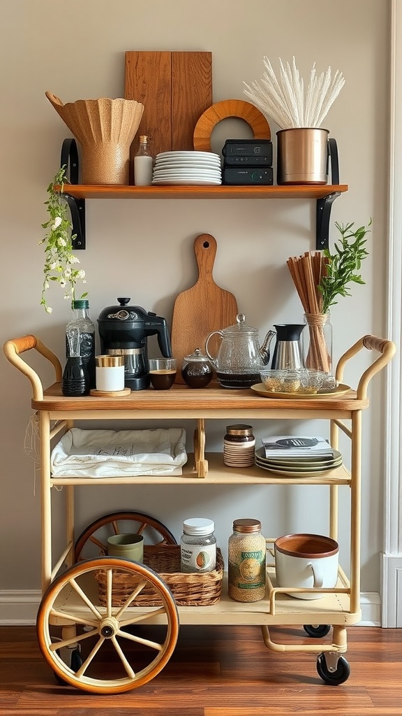 A vintage coffee cart with coffee-making supplies, elegantly arranged on wooden shelves.