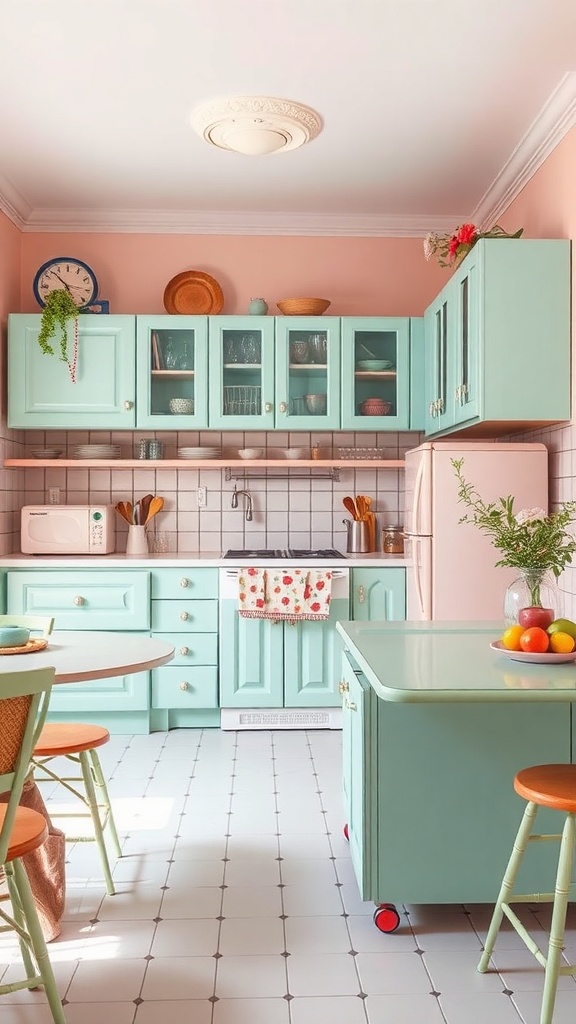A vintage kitchen featuring mint green cabinets and soft pink walls, with a round dining table and wooden chairs.
