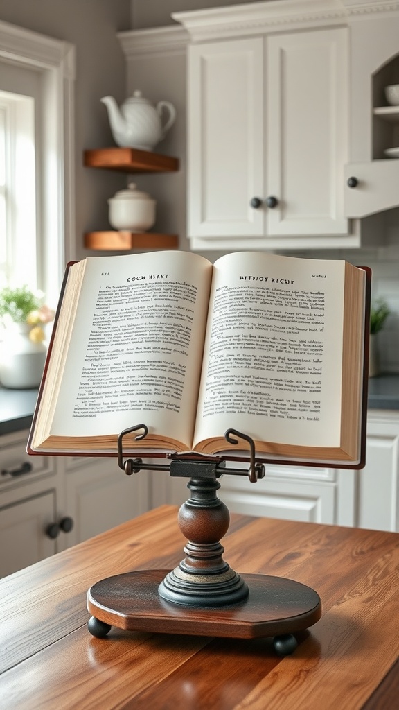 A vintage cookbook stand displaying an open cookbook in a kitchen setting.