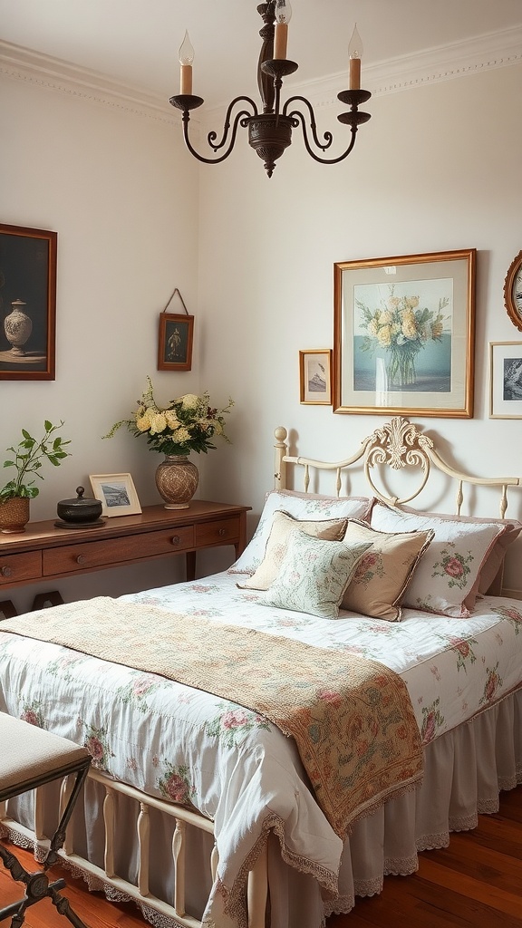 Cozy vintage corner bedroom with floral bedding and classic decor