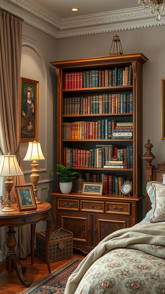 A vintage corner bookshelf filled with colorful books, accompanied by a side table and lamp in a cozy bedroom setting.