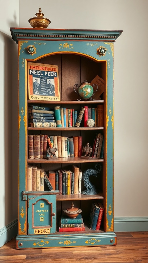A vintage corner bookshelf painted in turquoise and yellow, filled with books and decorative items.