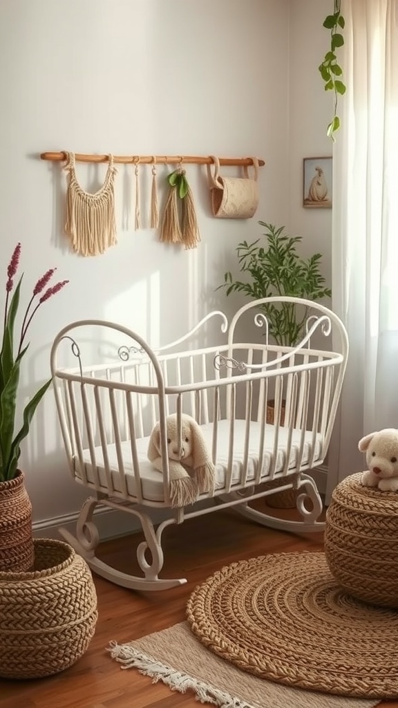 Vintage cradle with soft bedding and stuffed animals in a cozy nursery.