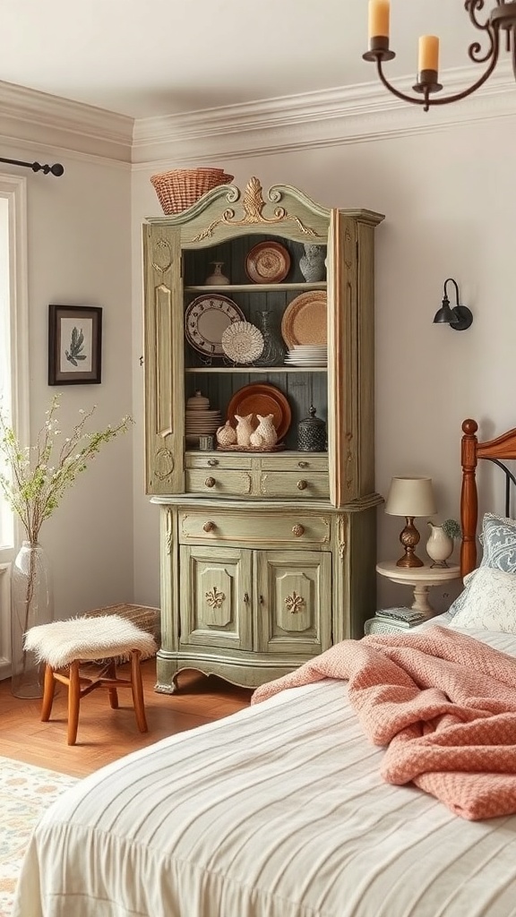 A vintage cupboard in a bedroom, featuring a soft green color and open shelves displaying decorative items.