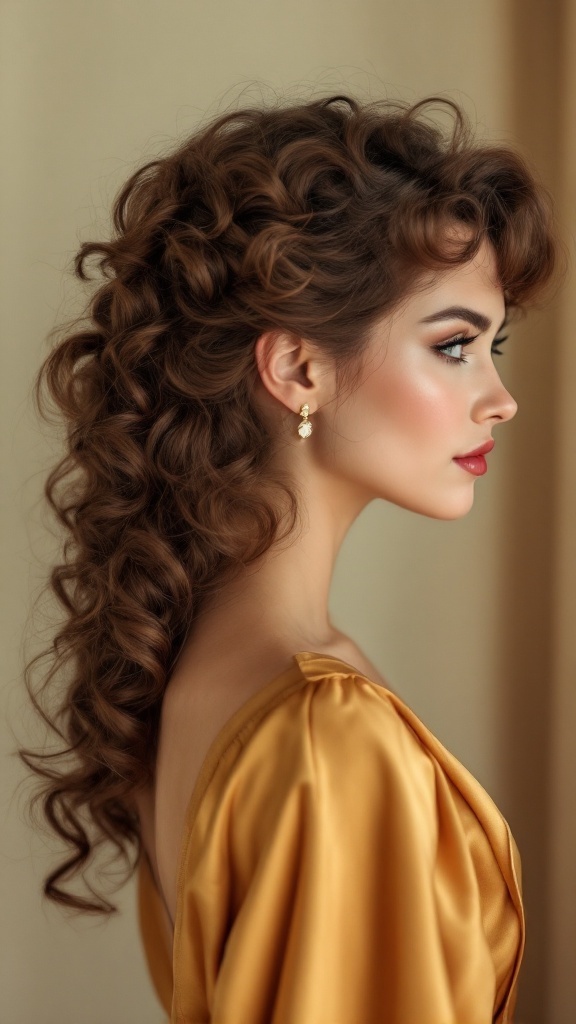 A woman with vintage curls styled elegantly, wearing a golden outfit.