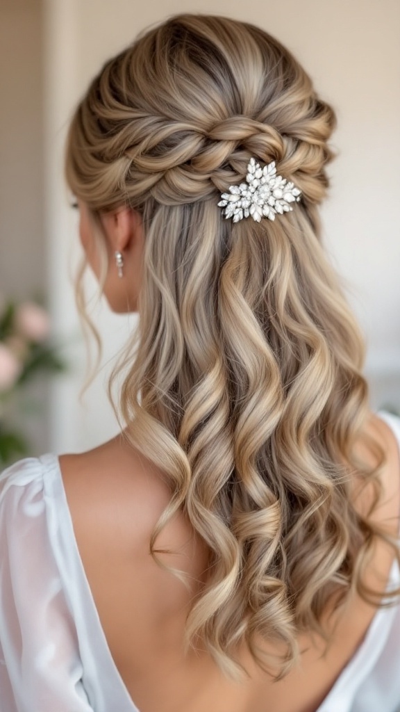 Half up half down wedding hairstyle with vintage curls and decorative clip.