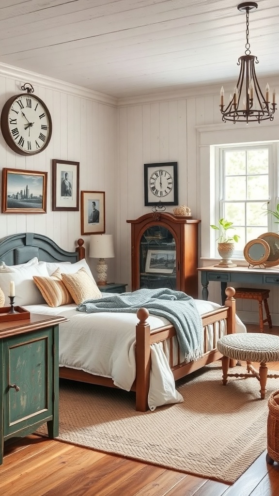 Cozy farmhouse bedroom with vintage decor accents, featuring a bed, clocks, and framed photos.