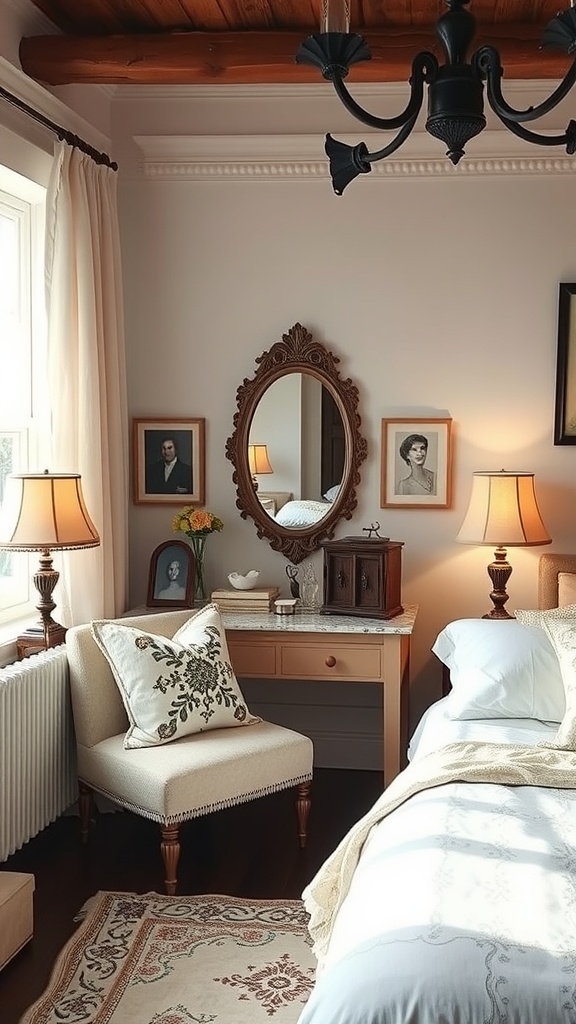 A vintage-inspired bedroom featuring a mirror, framed portraits, and warm lighting.
