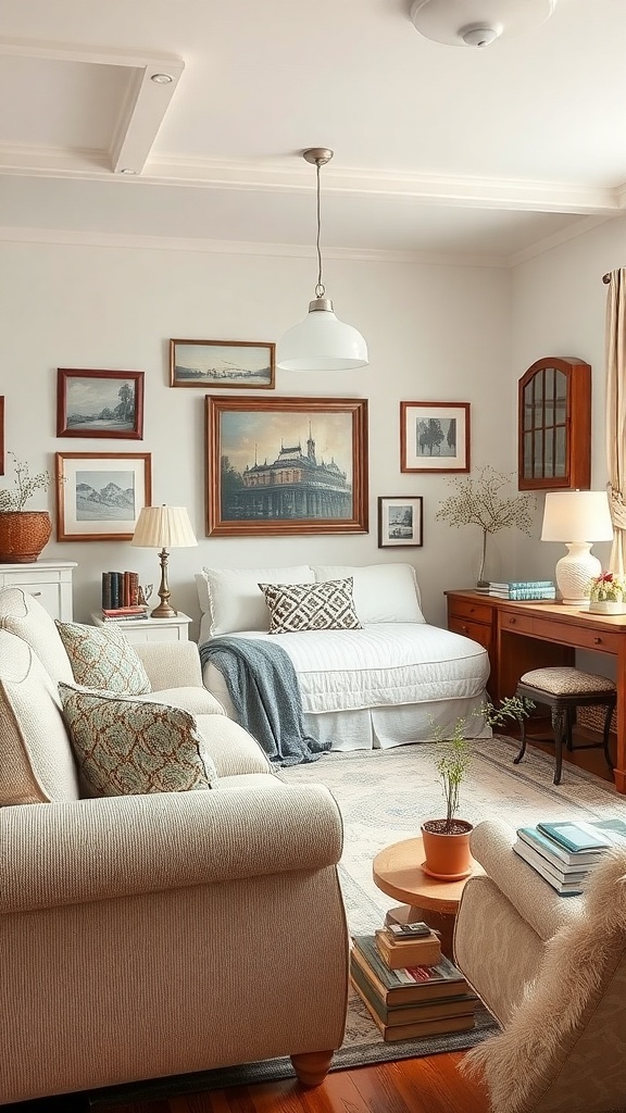 Cozy farmhouse living room with vintage decor, featuring framed artwork, soft furniture, and a warm atmosphere.