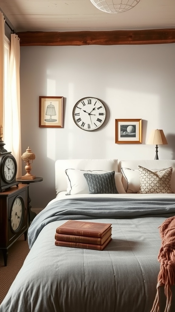 A cozy masculine bedroom featuring vintage decor elements, including a wall clock, framed art, and stacked books.
