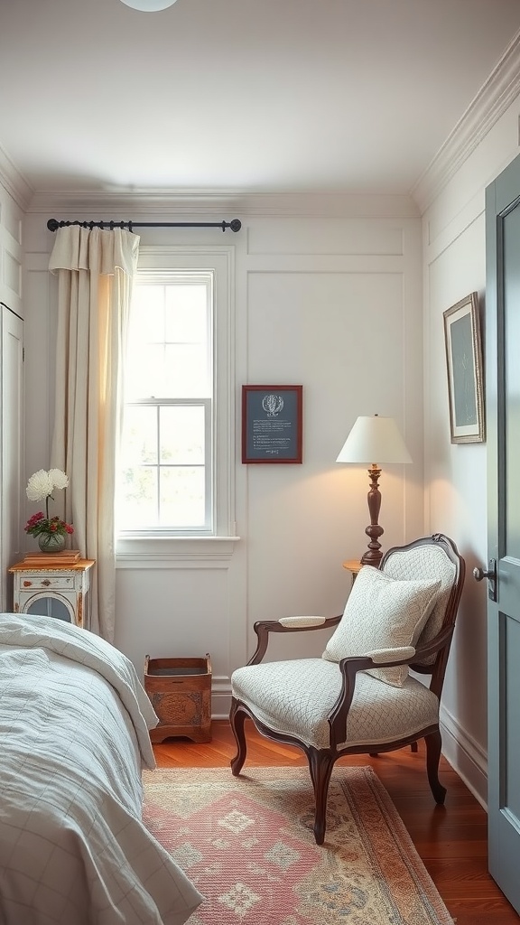 A cozy bedroom with a vintage armchair in a reading nook, soft lighting, and decorative elements.