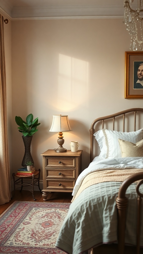 A cozy vintage bedroom with a wooden bed, warm lighting, and a patterned rug.