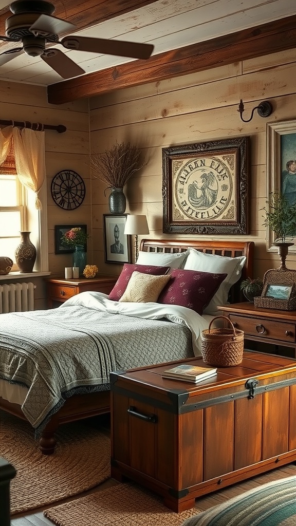 A cozy rustic bedroom with vintage decor, featuring wooden beams, a comfortable bed with pillows, and elegant accessories.
