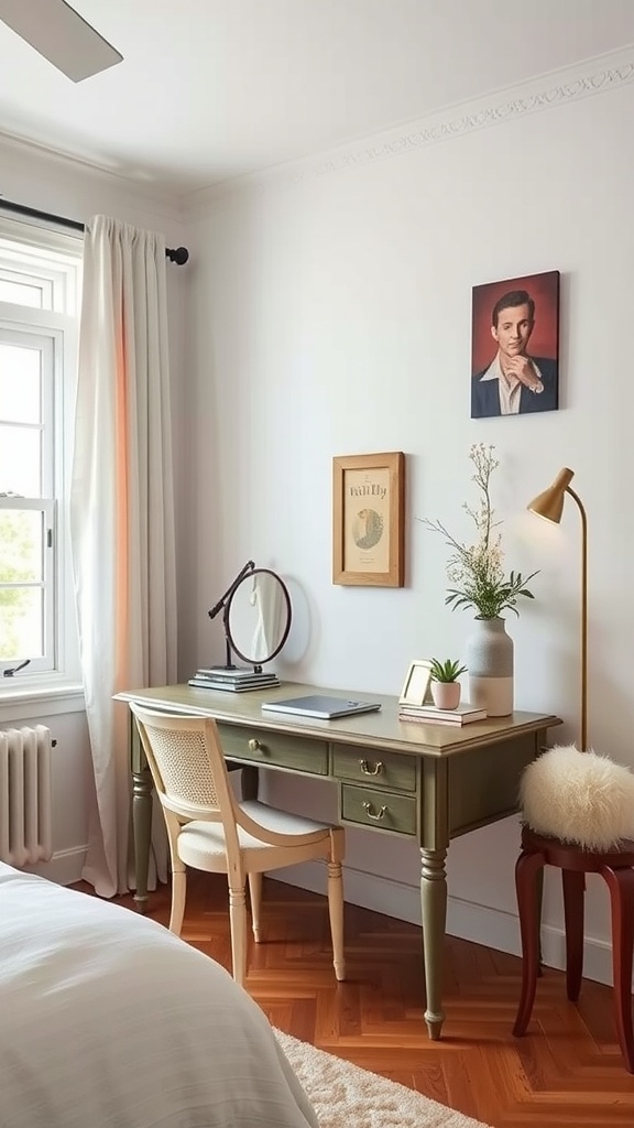 A vintage green desk with a contemporary look, accompanied by a chair, decorative items, and wall art in a bright bedroom.