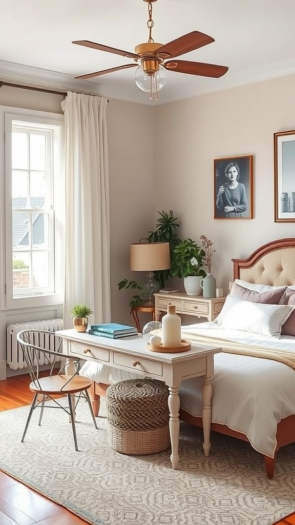 A cozy bedroom featuring a vintage desk with modern accents, a stylish chair, and warm lighting.