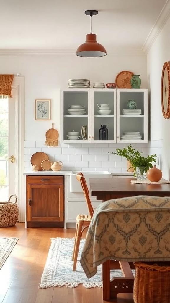 A cozy boho kitchen featuring a vintage dishware display in a glass-front cabinet, with a wooden table and decorative elements.