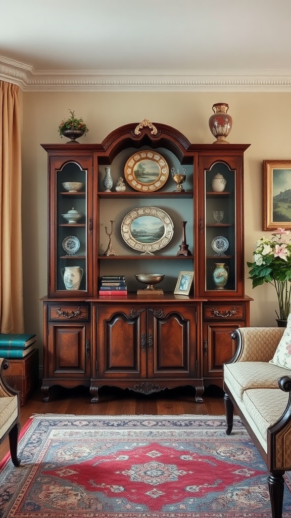 A vintage wooden display cabinet filled with decorative items in a cozy living room setting.
