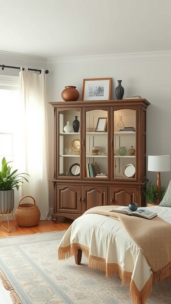 A vintage wooden display cabinet with glass doors, showcasing decorative items, in a cozy living room setting.
