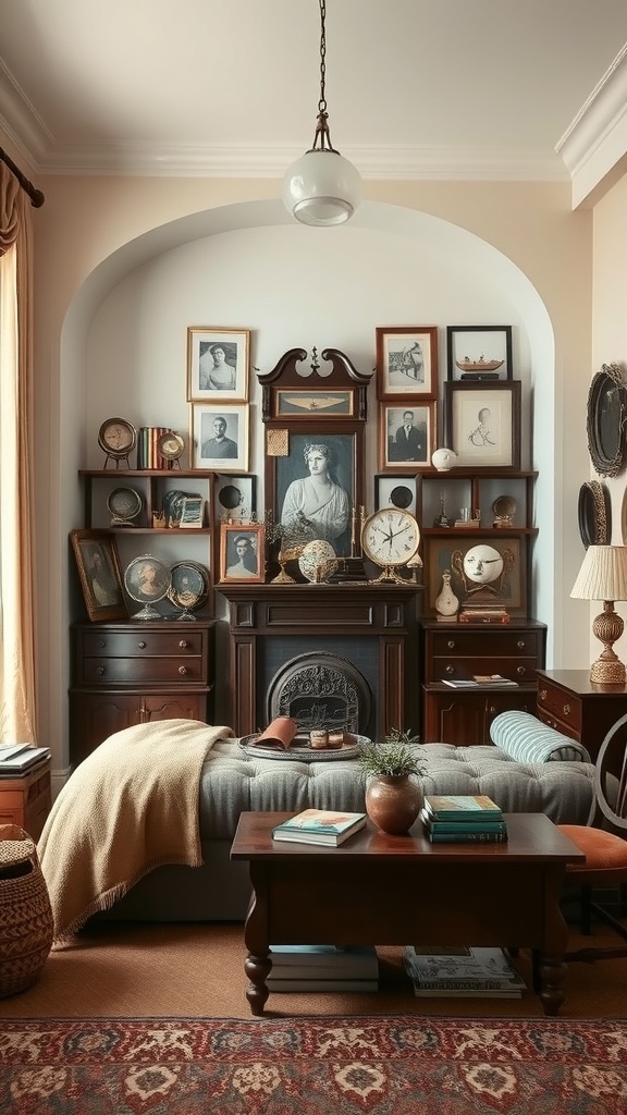 Cozy living room alcove with vintage display, featuring framed photos, antique clocks, and decorative items.