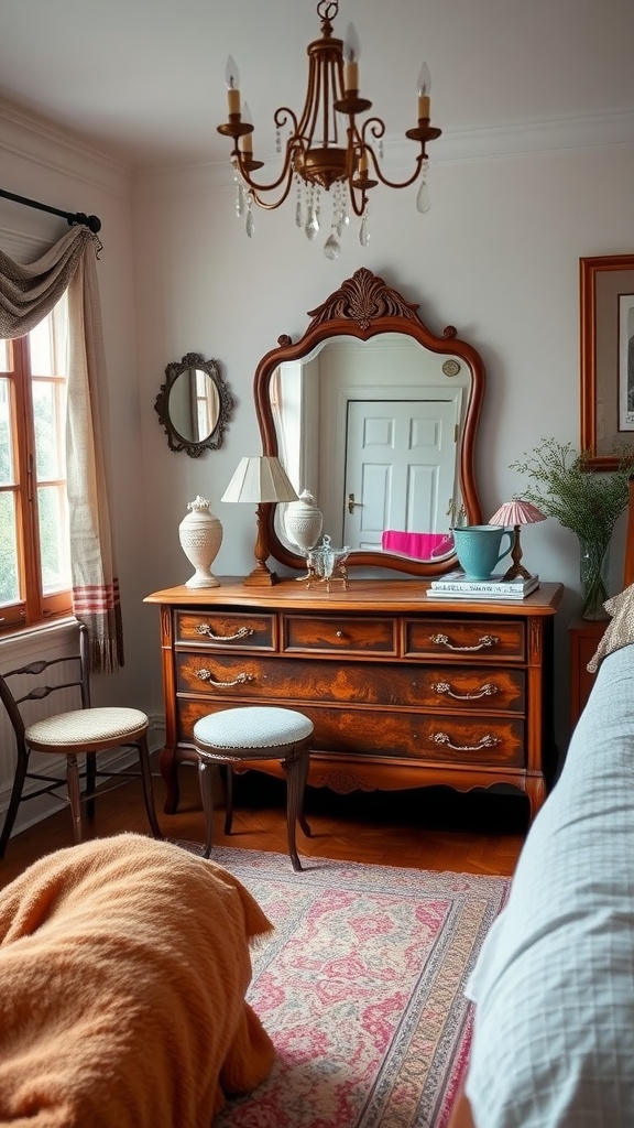 A vintage wooden dresser with a mirror and chandelier in a cozy bedroom setting.