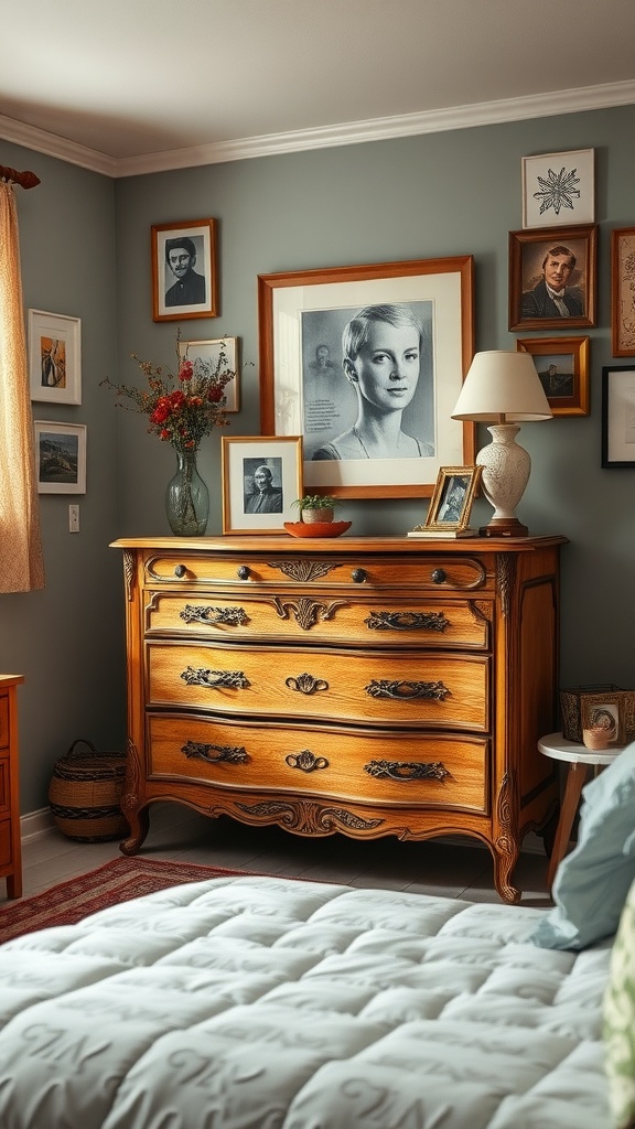 A vintage wooden dresser in a cozy bedroom, decorated with framed photos and a vase of flowers.