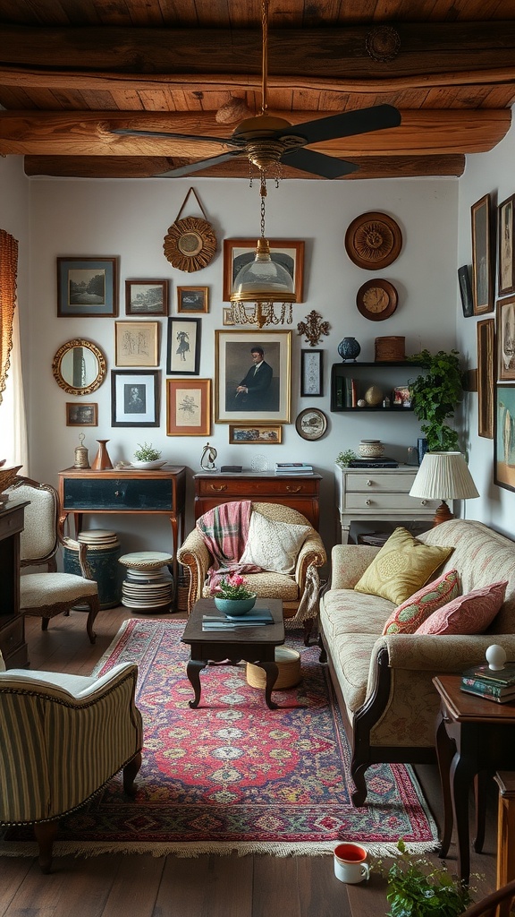 A vintage eclectic living room featuring various framed artworks, cozy furniture, and vibrant textiles.