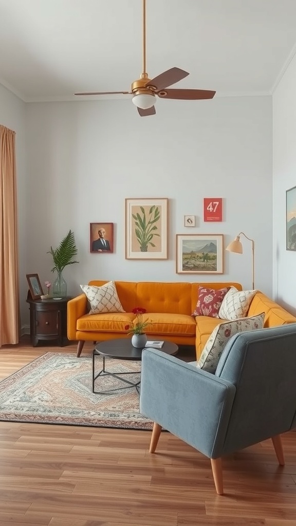 Cozy living room featuring a mustard sofa, blue armchair, vintage wall art, and wooden flooring.