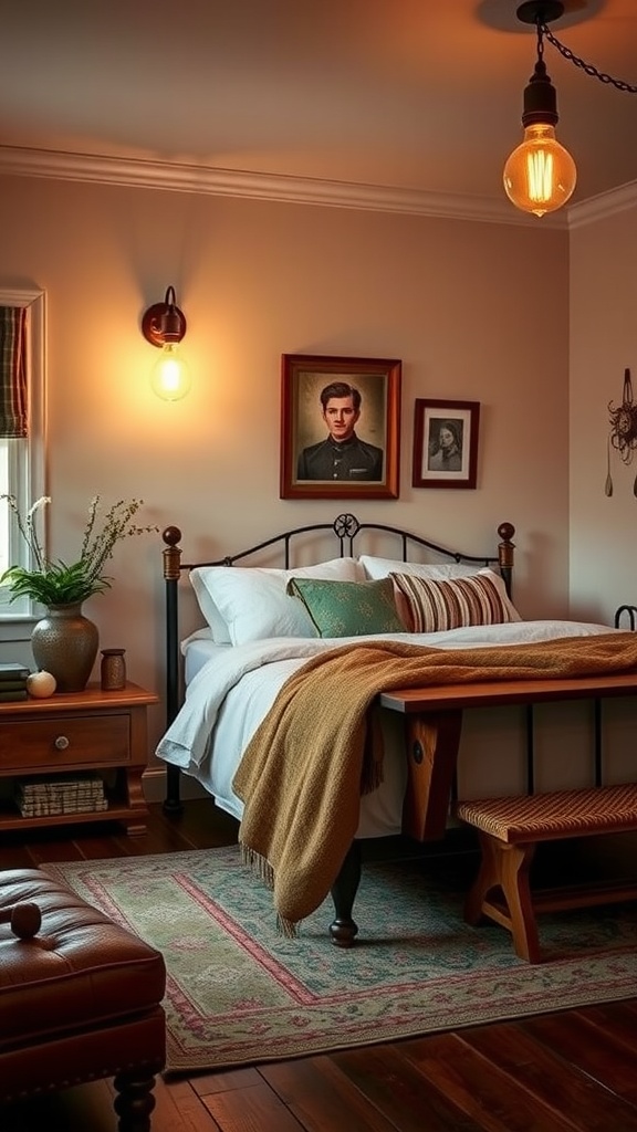A cozy bedroom with vintage Edison bulb sconces, a bed with a brown throw, and framed portraits on the wall.