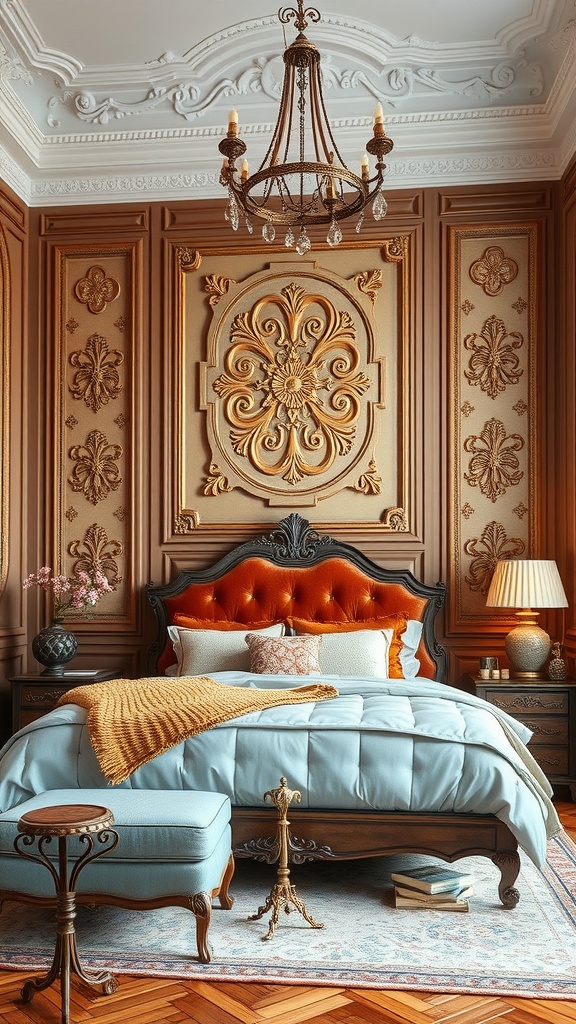 A vintage-style bedroom featuring ornate wall panels, a tufted headboard, and elegant decor.